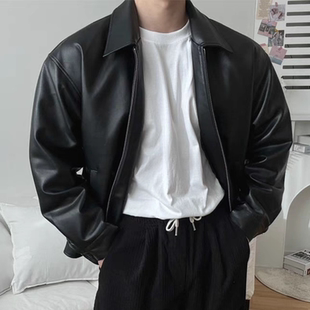 欧美硬汉风拉链皮衣男翻领行政夹克飞行员外套休闲工装pu皮茄克衫