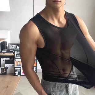 美式硬汉网纱工字背心肌肉男紧身高弹力无袖t恤轻薄透视冰丝坎肩