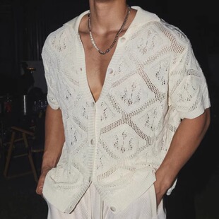 欧美蕾丝镂空针织开衫男冰爽丝透视宽松短袖衬衣性感网眼提花衬衫