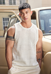 欧美丝光棉冰丝镂空背心肌肉男健身运动短袖卫衣网眼透视针织坎肩