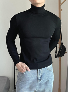 美式高领毛衣肌肉男硬汉风紧身弹力长袖针织衫纯色内搭打底羊毛衫