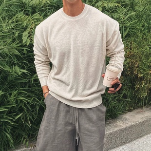 薄款包芯纱针织衫男美式小领口修身长袖卫衣内搭叠穿打底羊毛衫潮