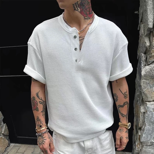 潮 美式 亨利领工装 t恤男华夫格肌理感短袖 卫衣半开扣门襟领polo衫