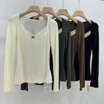 秋冬纯欲蕾丝拼接V领打底衫美雅碧轻柔保暖发热衣长袖秋衣女24278