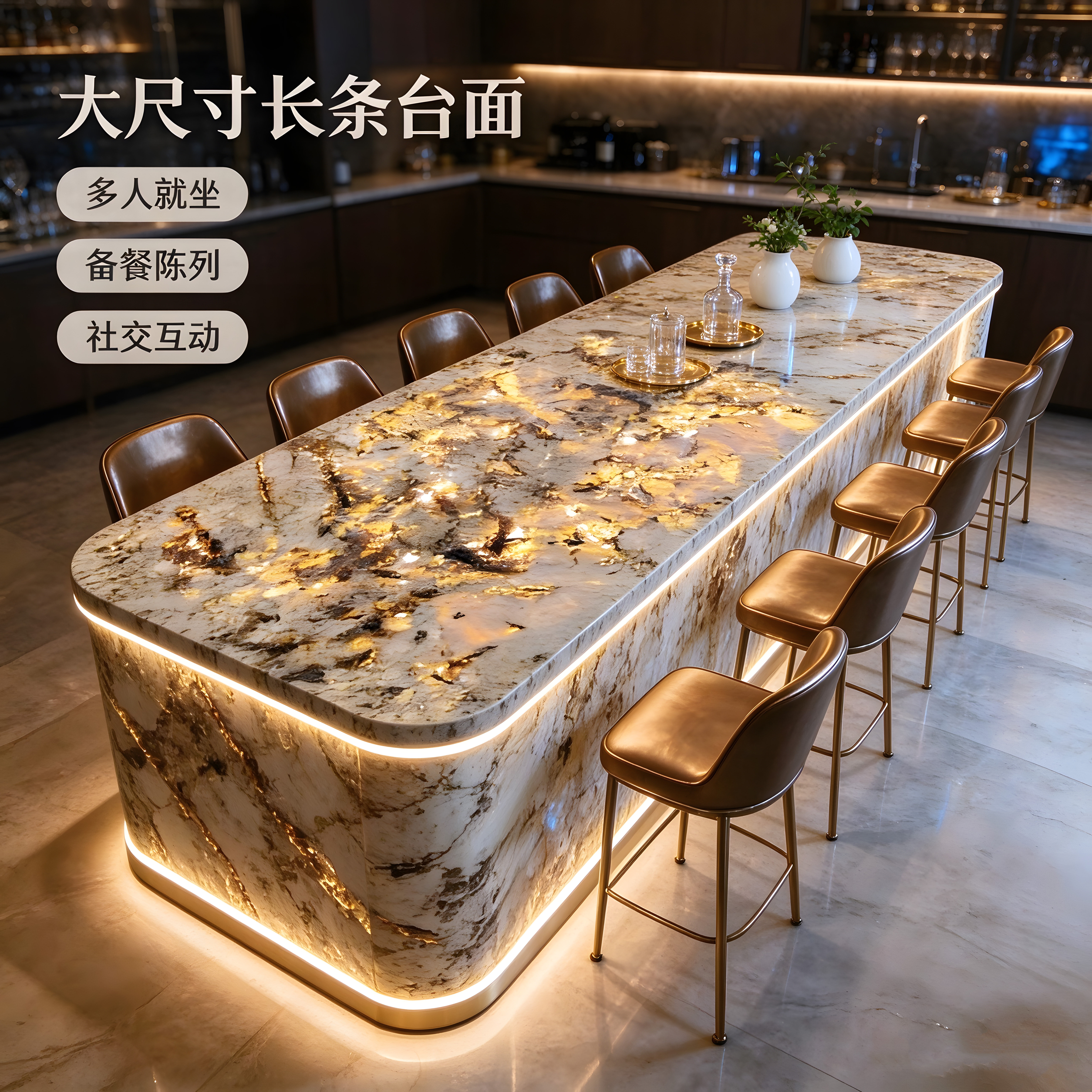 米金天然石纹发光岛台轻奢灯带圆角曲面吧台别墅豪宅厨房导台定制