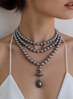 NANA西太经典款三层珍珠项链土星吊坠款高版本轻奢小众气质OL叠戴