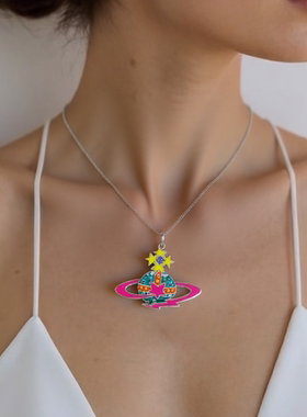 NANA西太老版本经典款土星吊坠项链时尚女OL粉色拼色短款锁骨链