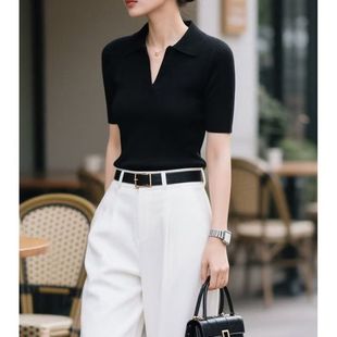 女休闲风莱赛尔T恤上衣 夏季 时髦黑色POLO领v领修身 显瘦短袖 针织衫