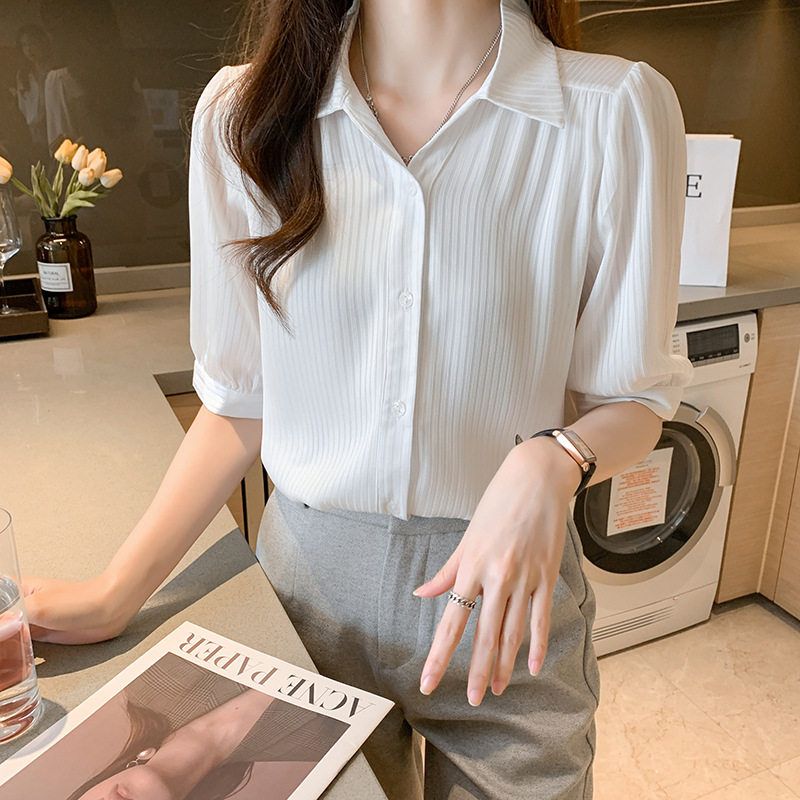 实拍白色polo领短袖衬衫女夏衬衫
