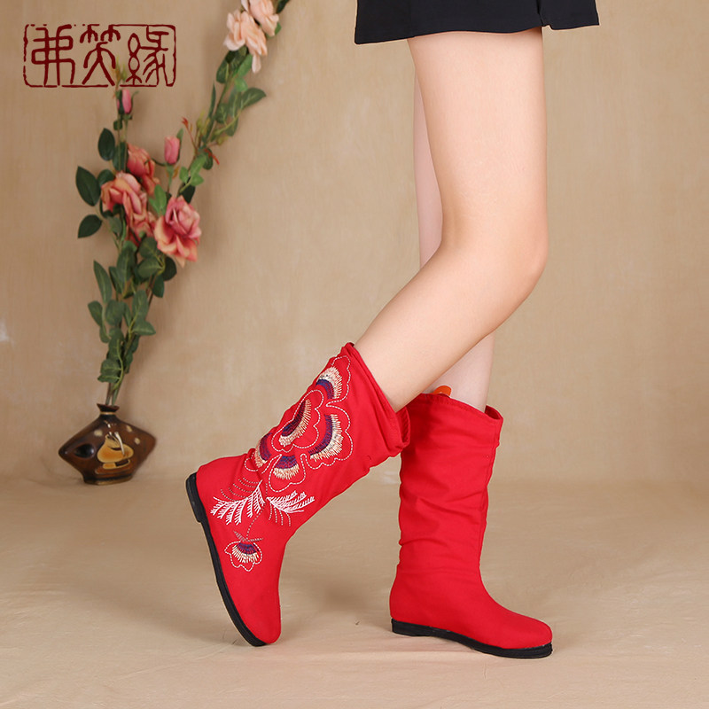 OLD BEIJING CLOTH SHOES WOMENS WINTER WOMENS BOOTS VELVET COTTON SHOES ETHNIC STYLE WOMENS SHOES EMBROIDERED SHOES MILLE-FEUILLE FLAT HIGH BOOTS
