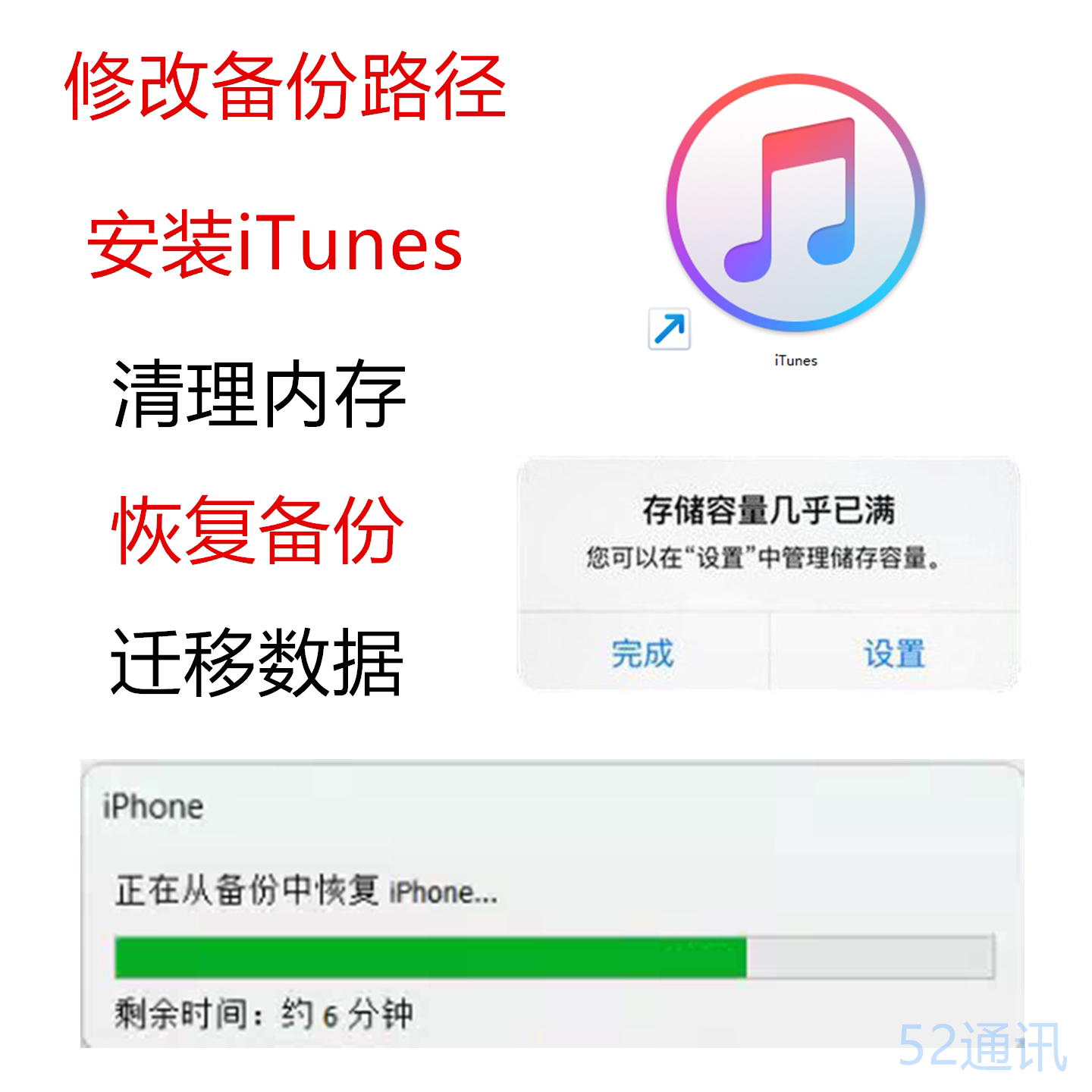 苹果iPhone安装iTunes恢复修改备份路径清理内存迁移数据资料