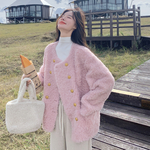 浅粉色小香风双排扣羊羔毛外套皮毛一体女冬季2025新款超好看棉服图片