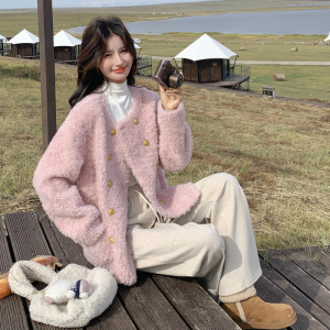 浅粉色小香风双排扣羊羔毛外套皮毛一体女冬季2025新款超好看棉服图片