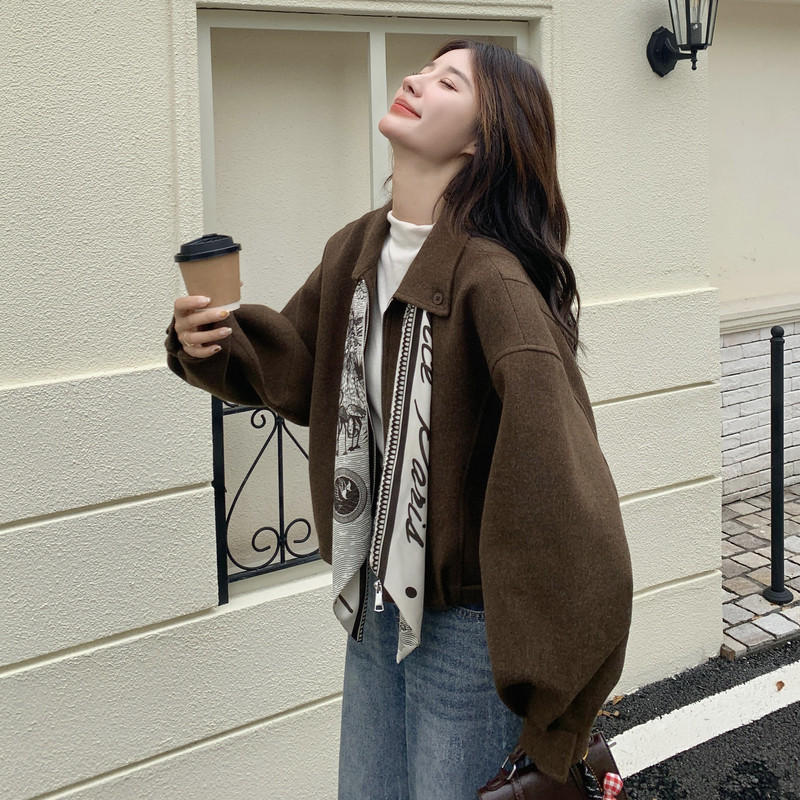 美拉德咖色毛呢外套女2025冬季新款小个子高级感复古气质呢子夹克,女装短外套,2C176