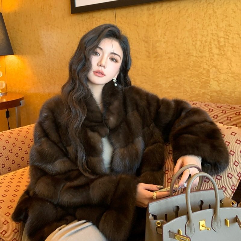 跨境2025新款紫貂感中古貂毛外套立领秋冬加厚保暖时尚剪沟人造毛