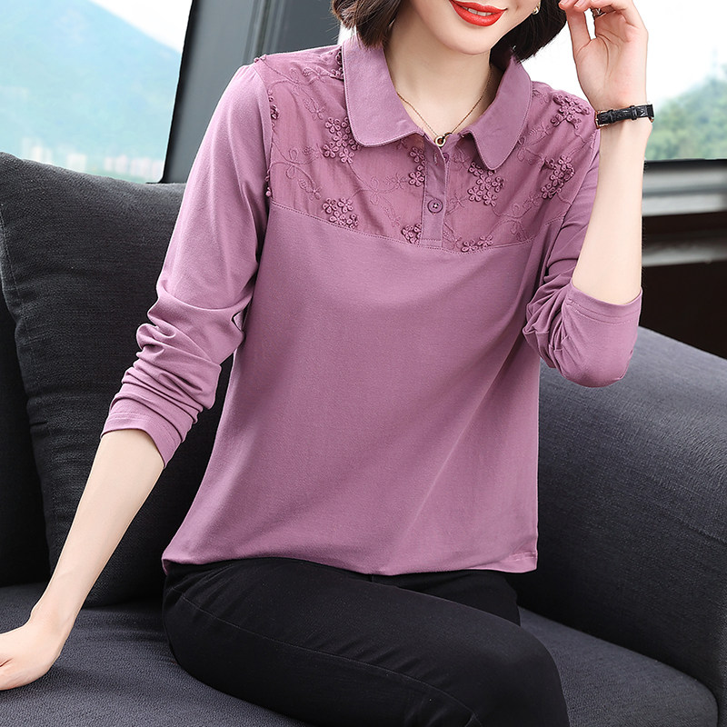 纯棉洋气中老年妈妈春装2026新款打底衫翻领时尚上衣长袖t恤女