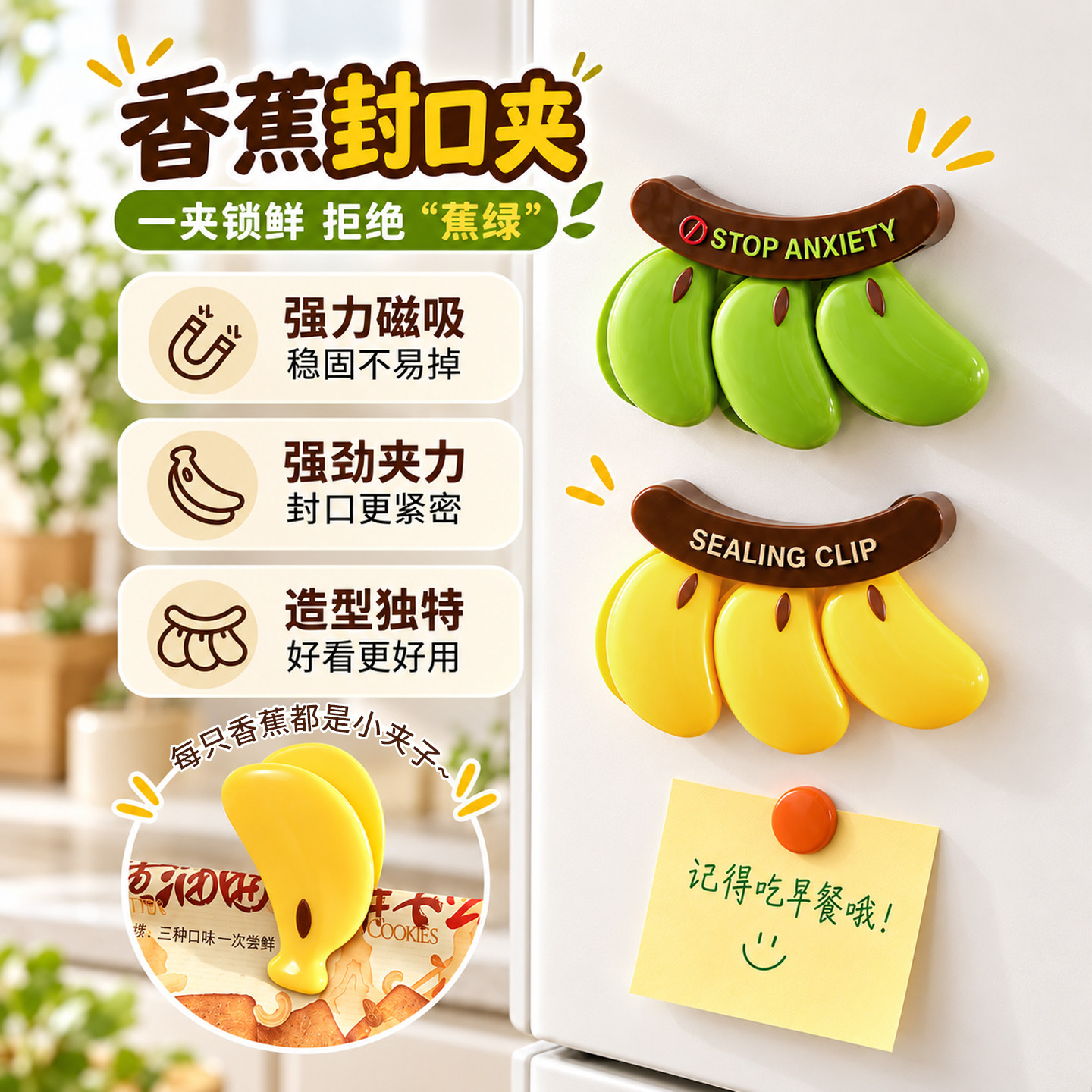 香蕉封口夹冰箱磁吸密封夹零食品袋防潮保鲜夹厨房食物调料袋夹子