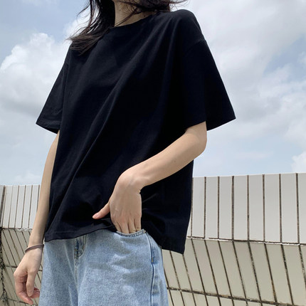ins潮夏季新款宽松韩版黑色短袖T恤女舒适棉质透气上衣落肩袖显瘦