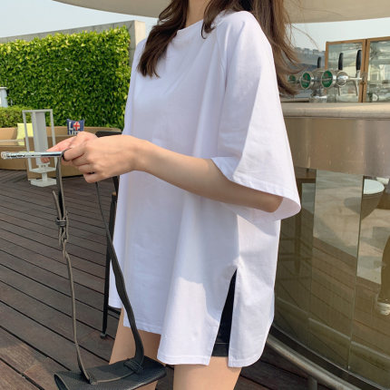 白色短袖t恤女两边下摆侧开叉宽松大版棉质新款半袖ins上衣夏装潮