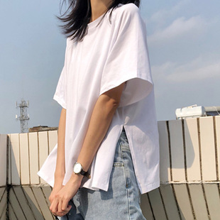 学院风纯色短袖白t恤女春夏季新款韩版宽松大版两侧开叉半袖ins潮