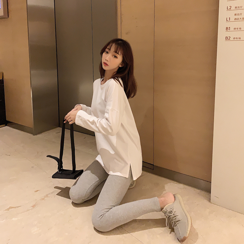 韩版秋冬宽松纯色棉质白色长袖T恤女开叉学生简约内搭打底衫上衣