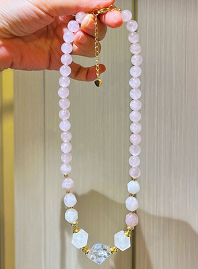 温柔风粉晶方块项链女 ins小众设计感白水晶多宝百搭气质颈链配饰