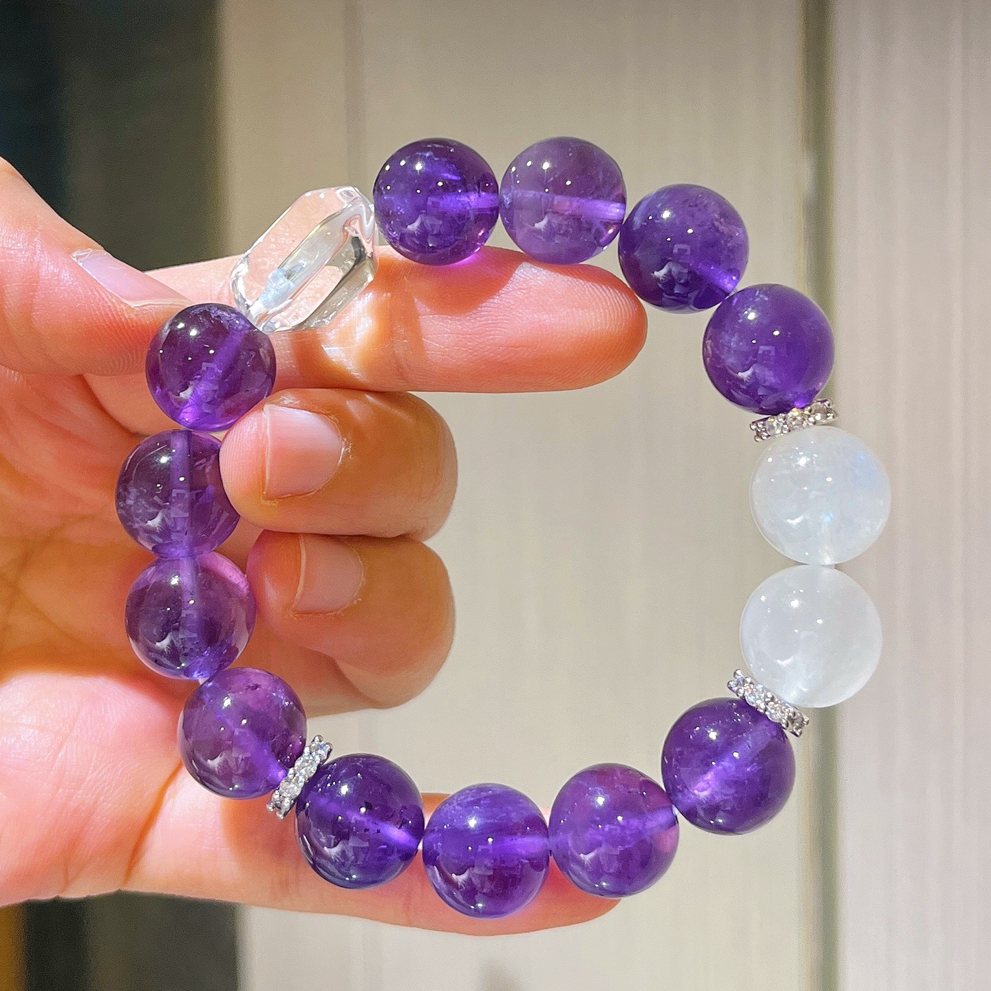 原创手作大颗12-14mm高品质天然紫水晶月光石白水晶多宝手链手串