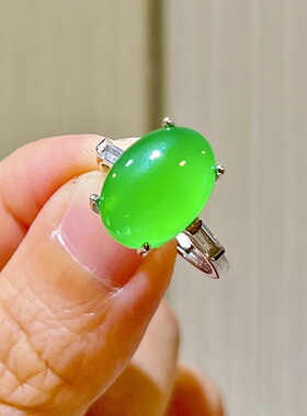 天然鸽子蛋绿玉髓玛瑙戒指开口戒女大颗粒开口戒925纯银镶嵌简约