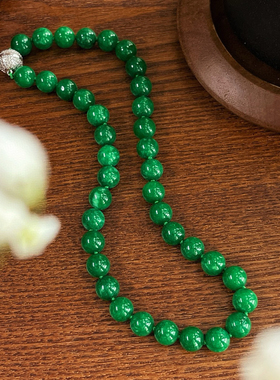10mm小众复古绿深绿仿真干青翡翠色圆珠项链 新中式旗袍气质女