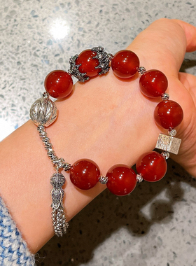 超显白～14mm鸽血红玻璃体高品质天然红玉髓玛瑙流苏复古手链手串