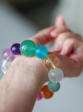 高货 12-20mm大颗天然多宝水晶手链女 彩虹渐变手串 紫水晶黄水晶
