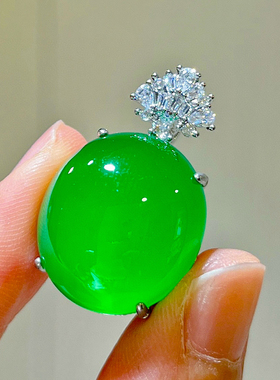 高冰绿玉髓吊坠无事圆牌子新中式国风铜镀银起荧光大蛋面玉坠