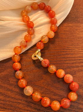 暖橘红色玛瑙玉髓圆珠串珠项链复古小众锁骨链大颗粒新品