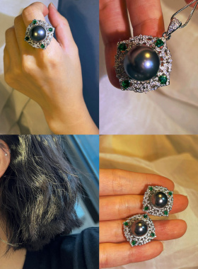 天然贝珠吊坠套装大溪地色珍珠戒指大颗粒耳环小众轻奢时尚夸张