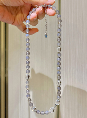 复古清冷烟灰色玉髓混搭天然白水晶串珠项链小众设计感时尚锁骨链