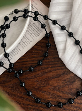 小众ins天然黑玛瑙玉石圆珠项链叠戴手工纯黑色调满天星锁骨链