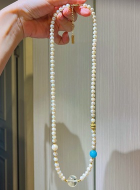 天然珍珠长款项链女 白水晶天河石轻奢小众设计感多层叠戴毛衣链