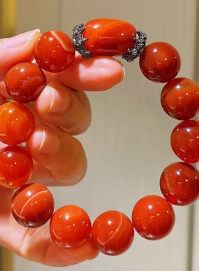 14mm大颗粒天然缠丝红玛瑙玉髓手链柿子红火焰纹单圈 本命年手串