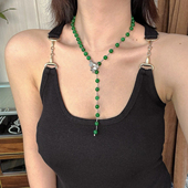 石英石优化紫罗兰色干青项链小众复古绿毛衣链 可调节多种戴法