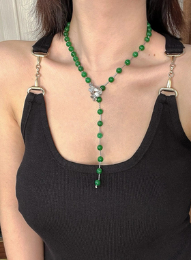 石英石优化紫罗兰色干青项链小众复古绿毛衣链 可调节多种戴法