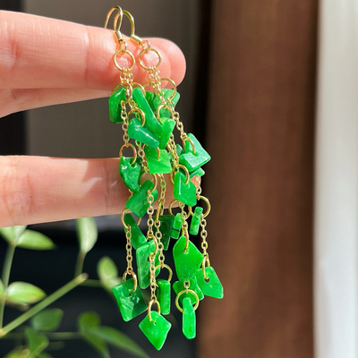 仿真翡翠干青流苏耳环超长流苏耳环超显瘦度假风14k包金独特气质