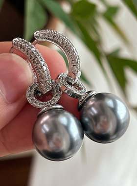 2024新款真多麻铂金灰色人造珍珠耳环女轻奢锆石环环相扣耳饰