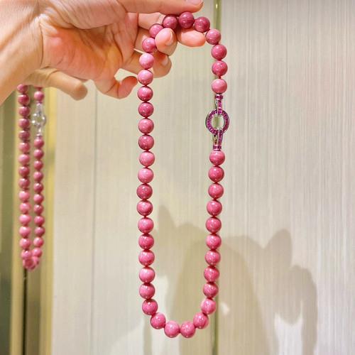 10mm高品质5A天然红木纹项链复古中古风粉红色珠圆珠串珠锁骨链