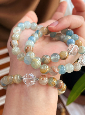8mm天然方解石手链 浅蓝混彩色调配上天然白水晶方糖手串少女心