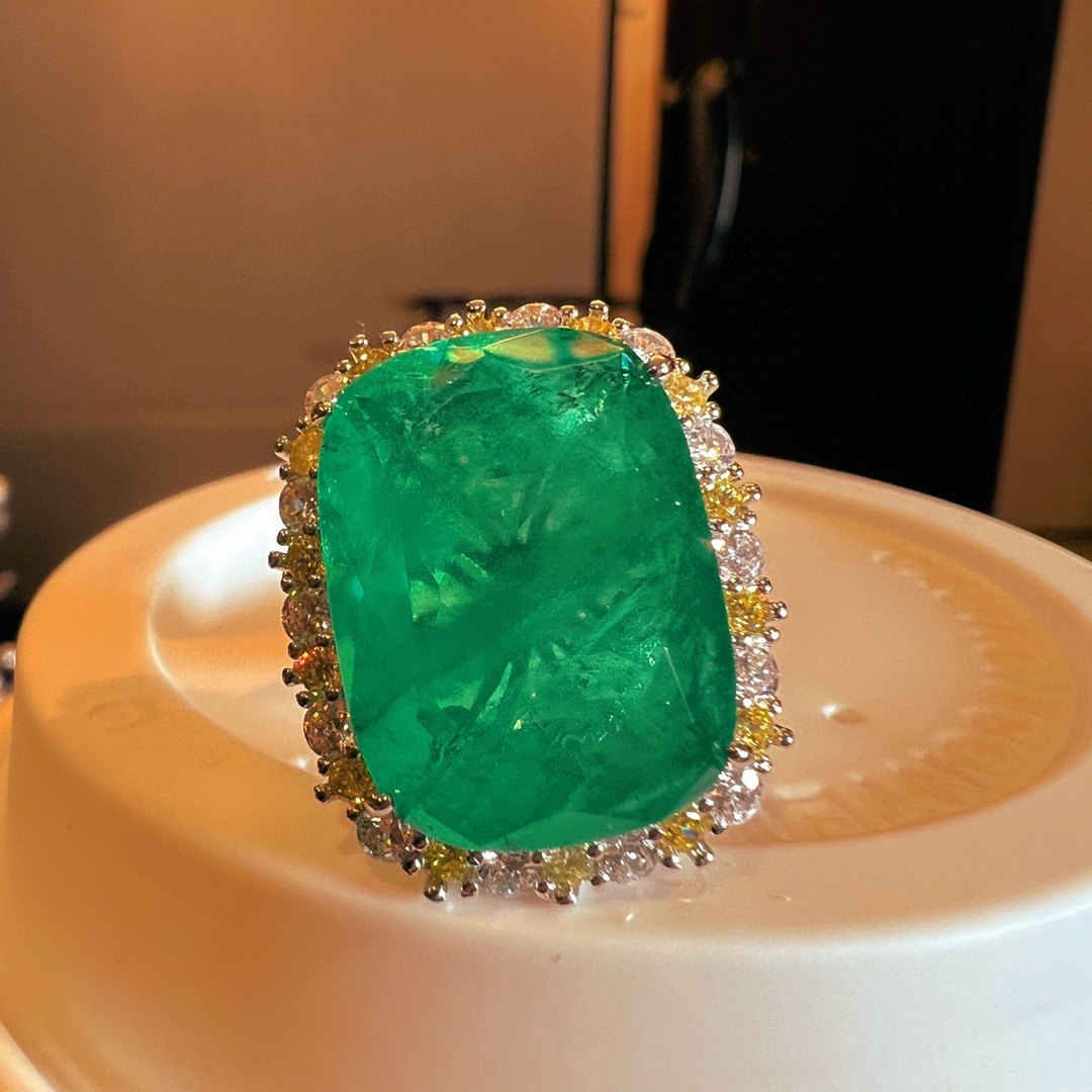 复古开口方钻大克拉祖母绿潮女食指戒时尚锆石银饰欧美重工戒指