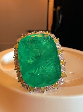 复古开口方钻大克拉祖母绿潮女食指戒时尚锆石银饰欧美重工戒指