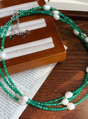 复古风天然绿玉髓巴洛克珍珠项链 小众设计感轻奢叠戴锁骨链
