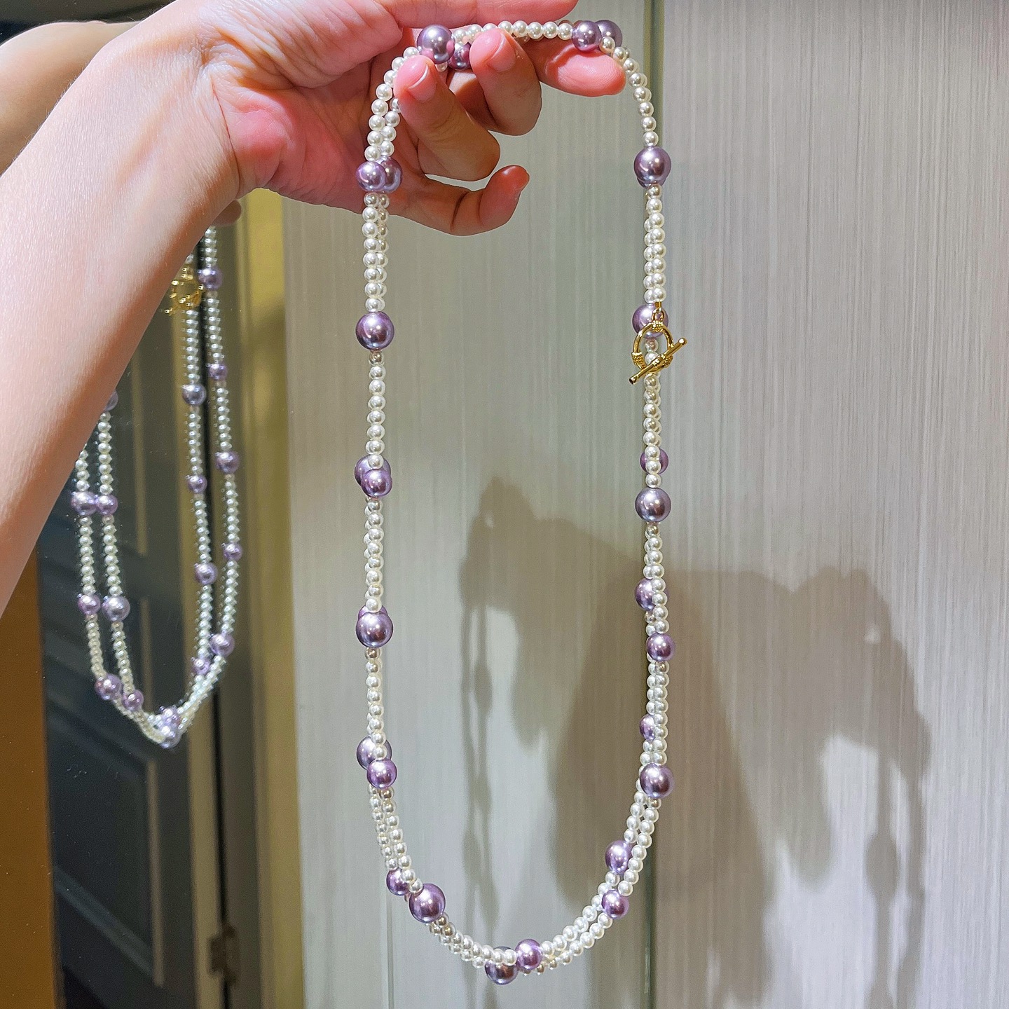 法式复古紫色混彩撞色珍珠项链女小众设计感OT扣多层叠戴毛衣链