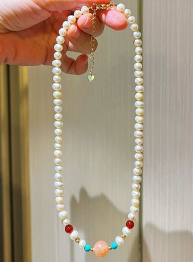 原创手作我与珍珠有个约会天然淡水珍珠baby珠红玉髓月光石项链