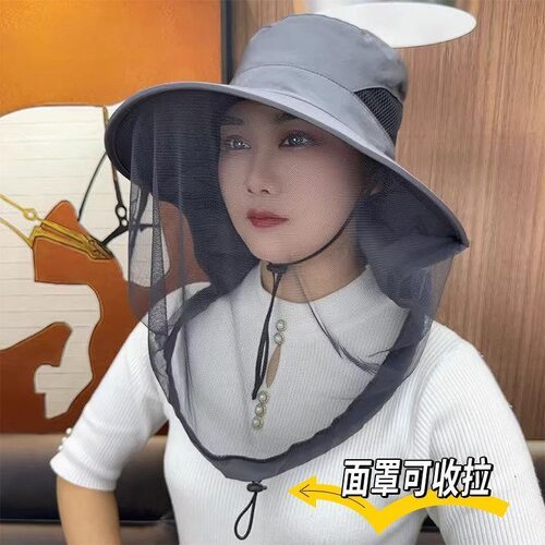 夏季网纱帽薄款透气防晒面纱一体